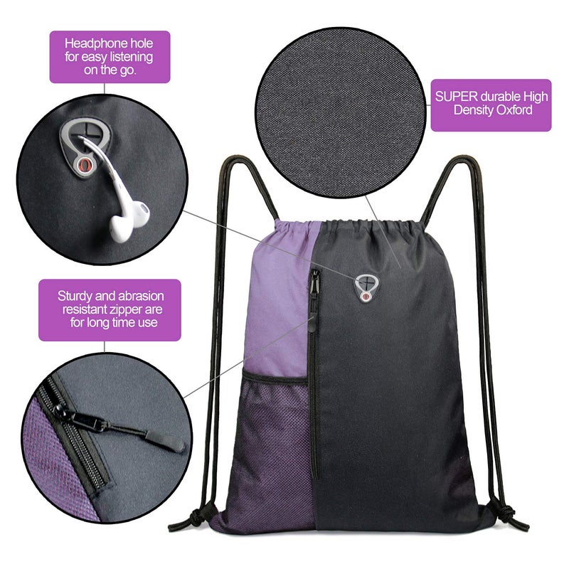 BeeGreen حقيبة ظهر رياضية بيجرين ليلك بحبل سحب للنساء والرجال بحجم كبير حقيبة رياضية مع سحاب وجيوب شبكية لزجاجة الماء - Image 4